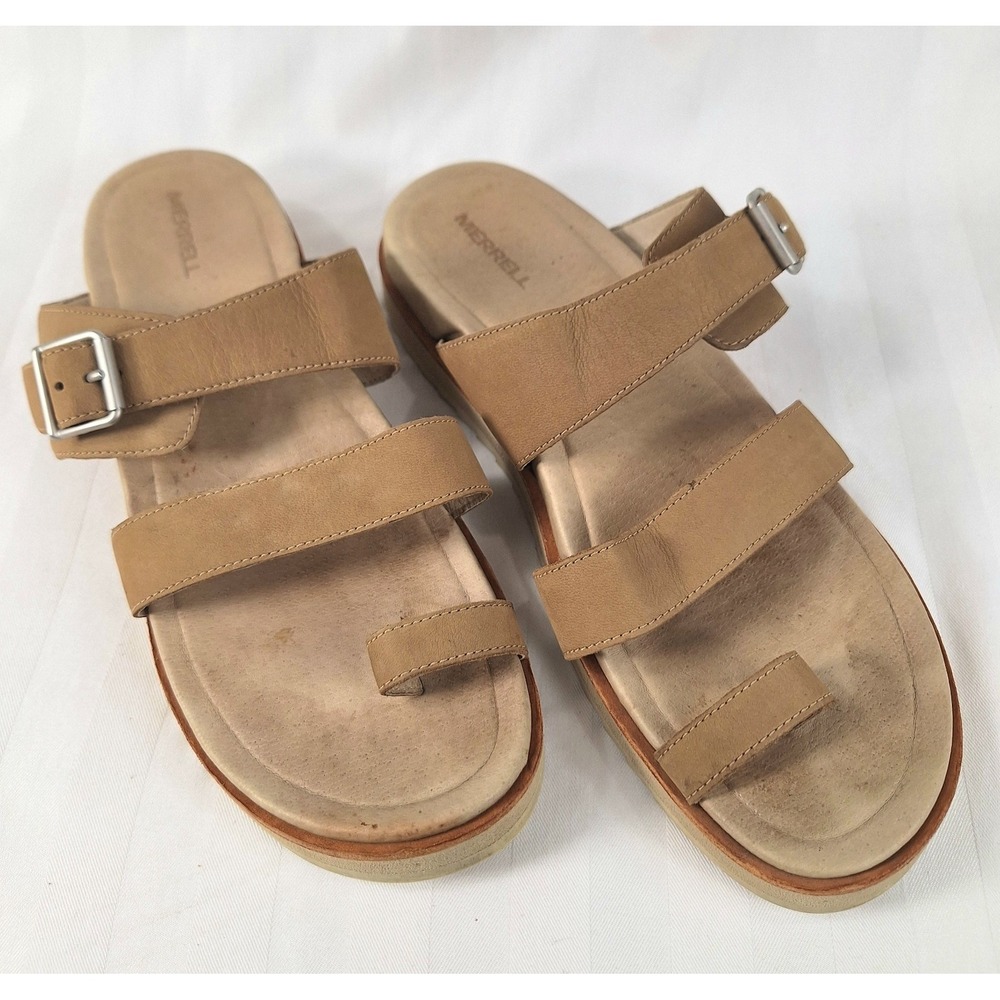 Merrell Juno Buckle‎ Slide Sandals Womens 9 Camel Leather Toe Loop Tan